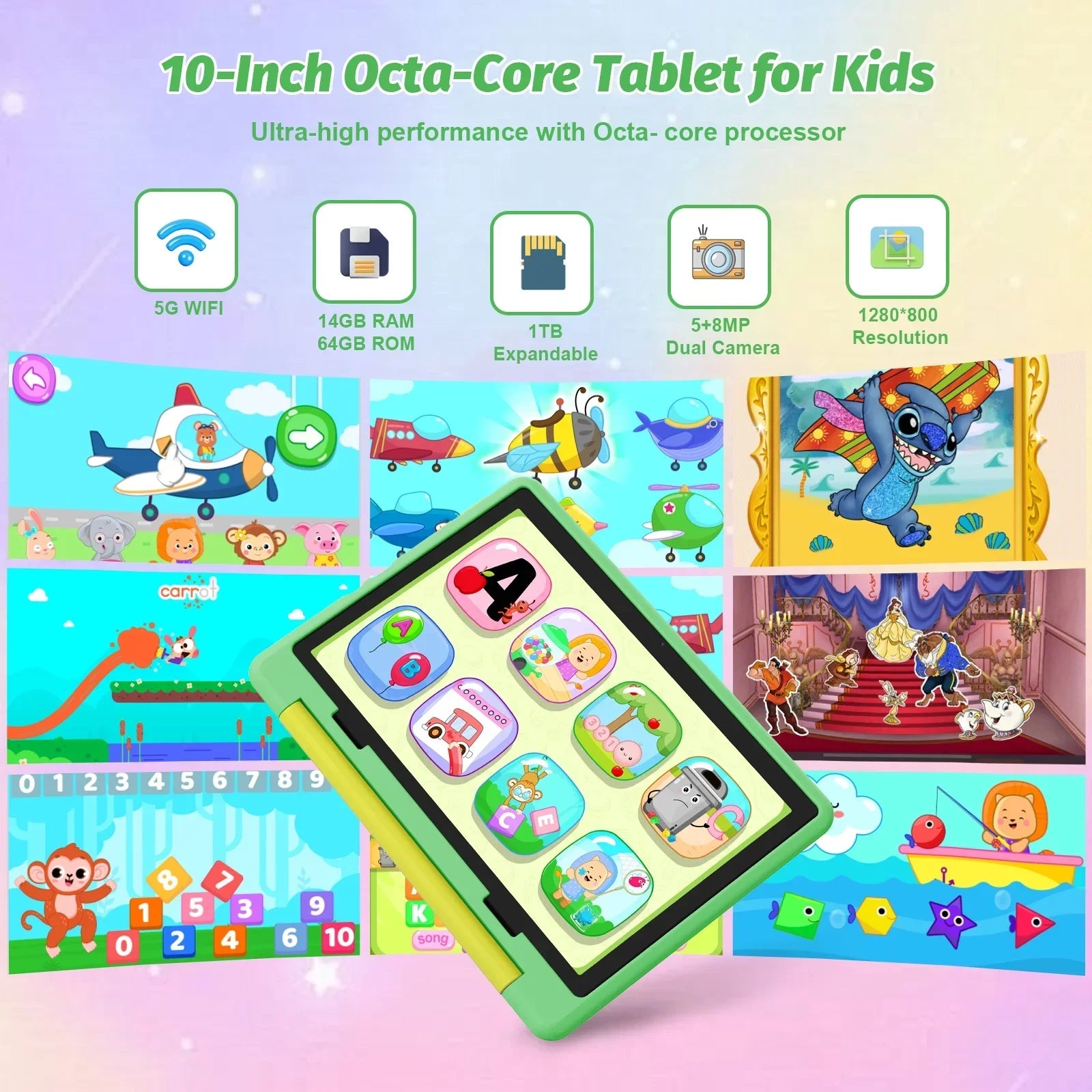 Children's Smart Tablet – 10 Inch Display, Android 15, Octa Core, WiFi, 5000mAh Battery &amp; Parental Features